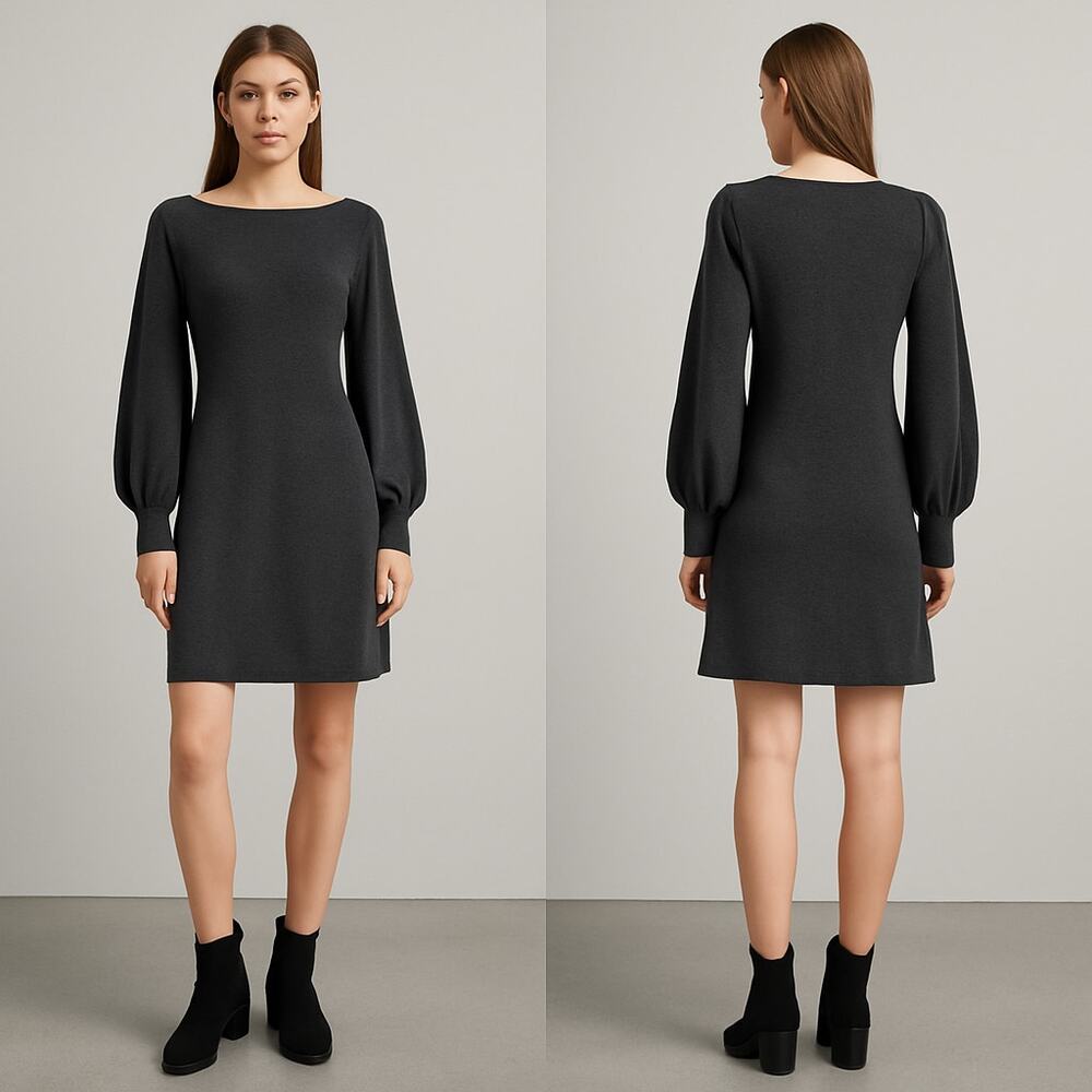 Max Studio Women’s Medium Charcoal Gray Knit Sweater Dress Long Sleeve Puff Cuff